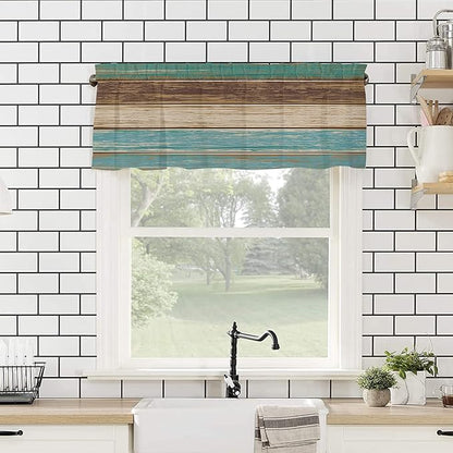 Kitchen Curtains and Valances Set,Rustic Farmhouse Window Treatments Tiers Retro Wood Teal Green Brown Semi Sheer Half/Short Curtains for Small Windows Cafe /Living Room/ Bedroom 54x36 in, 3-Piece