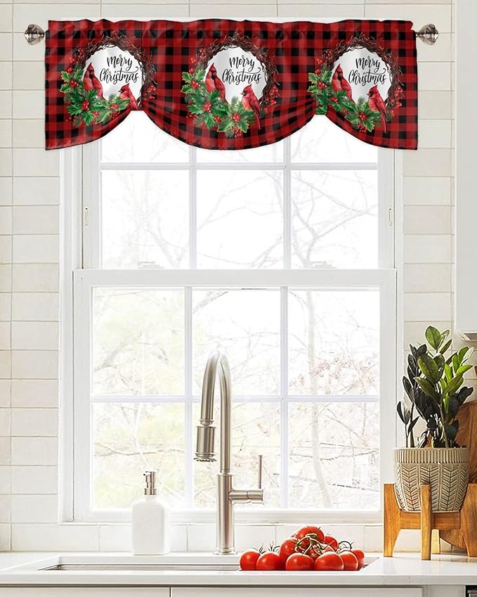 Merry Christmas Blackout Tie Up Valance Curtains for Kitchen Windows Winter Cardinal Holly Berries Window Toppers Balloon Shades for Living Room/Bathroom/Bedroom,1 Panel,42" X 18" Red Black Plaid