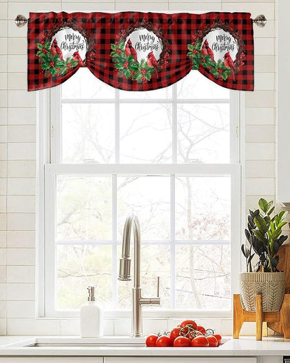 Merry Christmas Blackout Tie Up Valance Curtains for Kitchen Windows Winter Cardinal Holly Berries Window Toppers Balloon Shades for Living Room/Bathroom/Bedroom,1 Panel,42" X 18" Red Black Plaid