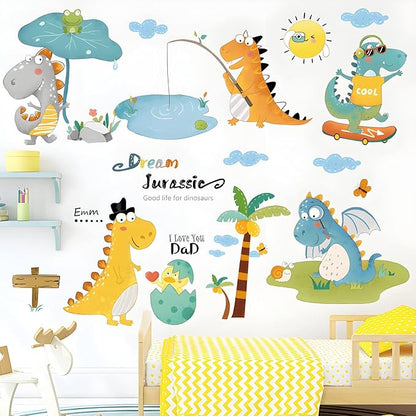 Cartoon Dinosaur Wall Decals Fishing T-Rex DIY Wall Stickers for Boys Kids Room Bedroom Baby Nursery Decor
