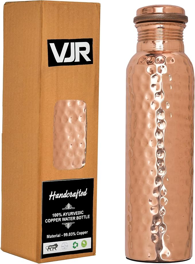 VJR Copper Bottle For Drinking 33 Oz Ayurvedic Leak Proof lid Hammered Design Durable Lightweight Hand Washable Vessel Clean Cool Water Natural Minerals Boost Energy Safe Water Utensil