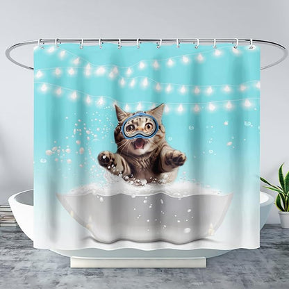 AILONEN 3D Bathtub Cat Shower Curtain for Kids 48" W*72" H Inch,Kawaii Diving Cat Leaps Out of Bathtub Shower Curtain,12 Pack Hooks Polyester Waterproof Fabric Decor for Bathroom Bathtub Panels