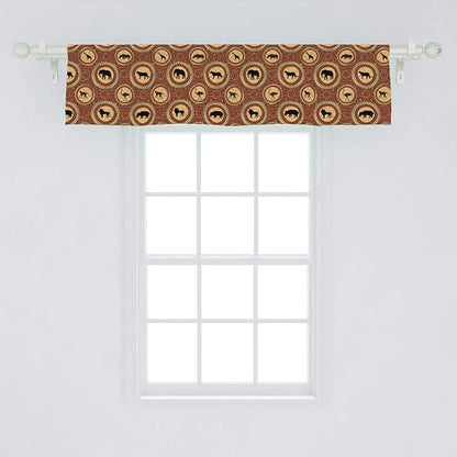 Ambesonne Savannah Window Valance, Medallion Pattern of Monkey Giraffe Lion African Inspired Ethnic Design, Curtain Valance for Kitchen Bedroom Decor with Rod Pocket, 54" X 12", Mustard and Brown
