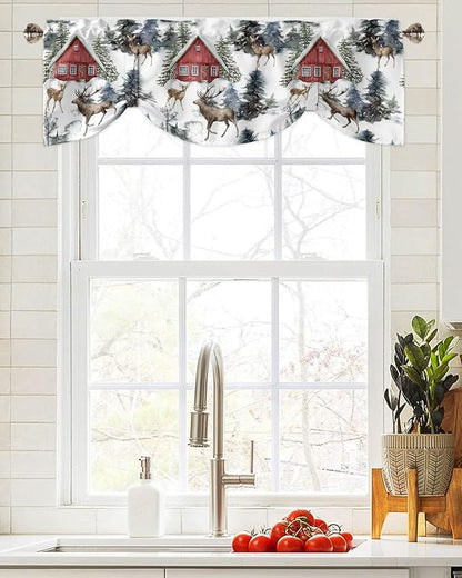 Christmas Blackout Tie Up Valance Curtains for Kitchen Windows Red Farmhouse Barn Window Toppers Balloon Shades for Living Room/Bathroom/Bedroom,1 Panel,42" X 12" Elk