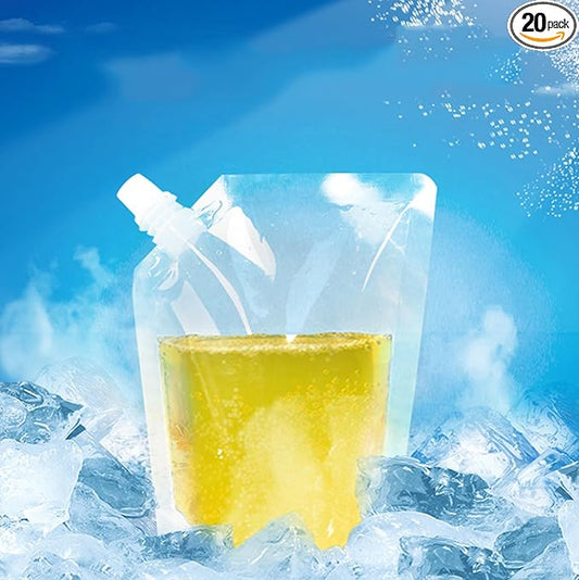 16oz Collapsible Emergency Water Container Bag BPA Food Grade Storage Jug No-Leak Freezable Odorless Drink Juice Pouches for Outdoor Sport Camping Hiking Backpack Plastic Flask(20Pack Inclined opening