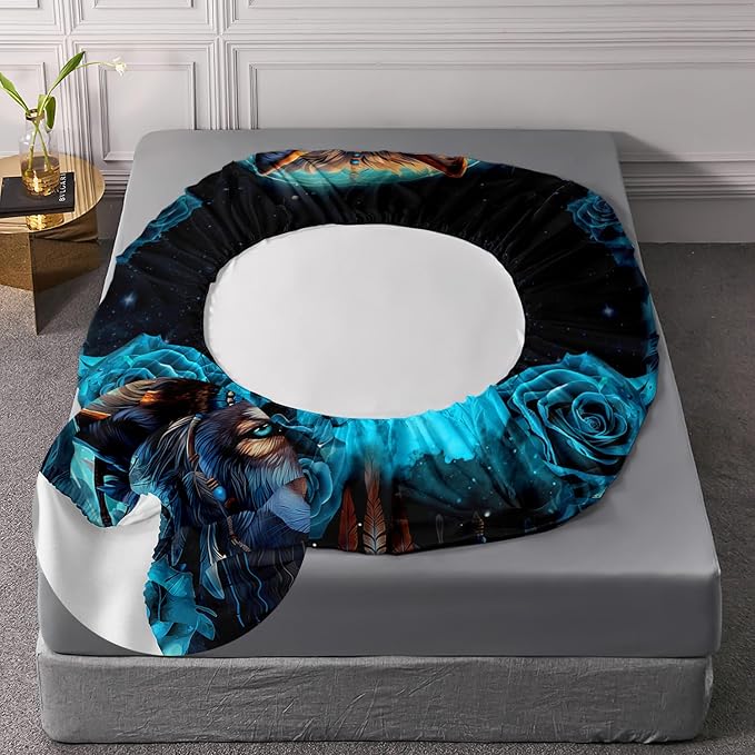 AILONEN Wolf Fitted Sheet Set Queen Size Dream Catcher Bed Sheet Set, Blue Rose Smoke Wolf Sheet Set for Boys Girls,Animal Wolf Fitted Sheet with 2 Pillowcases,3 Pieces
