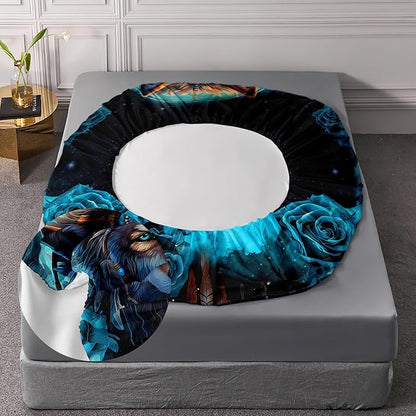 AILONEN Wolf Fitted Sheet Set Queen Size Dream Catcher Bed Sheet Set, Blue Rose Smoke Wolf Sheet Set for Boys Girls,Animal Wolf Fitted Sheet with 2 Pillowcases,3 Pieces