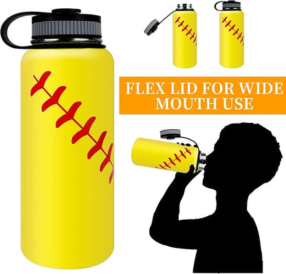 40oz Wide Mouth Softball Water Bottle with Two Lids(Straw, Handle Lid), 18/8 Stainless Steel Vacuum Insulated for Travel & Sport Cup. (Softball Yellow, 40oz)