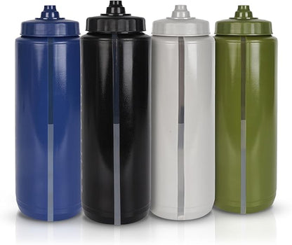 4 Pack Mix 32oz Squeeze Water Bottles - Sports Water Bottles For Football, Hockey, Athletics - Reusable Squirt Bottle Set, BPA-Free, Perfect for Gym, Travel, Bike & Cycling Water Bottle