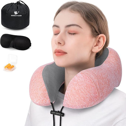 Travel Pillow for Airplane Memory Foam Neck Pillows, Support Travel Pillow for Travelling with Eye Mask, Earplugs and Storage Bag, Sleeping Rest, Car, Train and Home Use Cationic, Pink