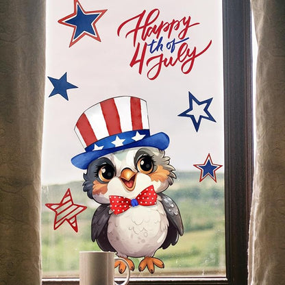 4th of July Owl Window Clings, USA Independence Memorial Day Summer Holiday Window Stickers