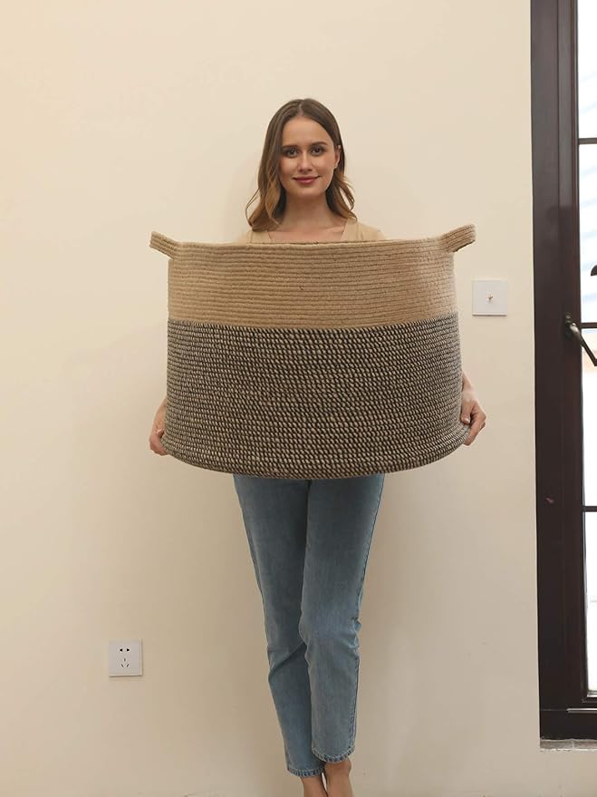 24" x 24" x 17" Max Size Large Cotton Rope Basket, Extra Large Storage Basket, Woven Laundry Hamper, Cloth Storage Bin, for Blankets Clothes Towels Pillows in Living Room, Jute/Black Mix
