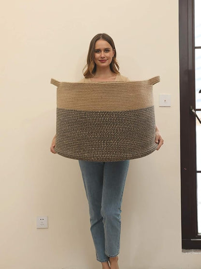 24" x 24" x 17" Max Size Large Cotton Rope Basket, Extra Large Storage Basket, Woven Laundry Hamper, Cloth Storage Bin, for Blankets Clothes Towels Pillows in Living Room, Jute/Black Mix