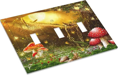 Red Mushroom Forest Fairy Moon Butterfly 3 Gang Bohemian Light Switch Covers Decorative Triple Toggle Wall Plate Electrical Faceplate Switchplate for Kidroom Nursery Bedroom Decor