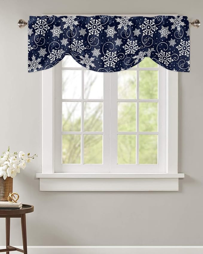 Christmas Blackout Tie Up Valance Curtains for Kitchen Windows White Navy Snowflakes Pattern Window Toppers Balloon Shades for Living Room/Bathroom/Bedroom,1 Panel, 42" X 12", Winter