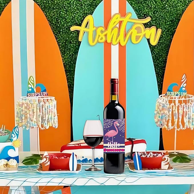 8 Pieces Tropical Summer Wine Bottle Labels Flamingo Pineapple Wine Bottle Stickers Pink Yellow Green Hawaii Wine Bottle Cover Decorations for Summer Beach Carnival Party Supplies