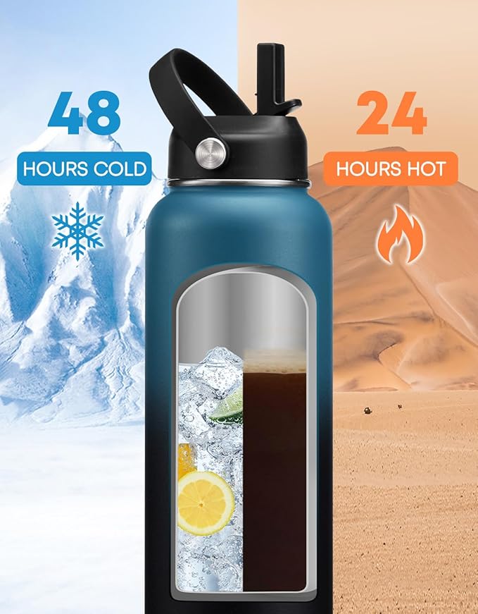 40oz Insualted Water Bottle Leak Proof Stainless Steel Flask Water Bottles with Straw Flex Lid, Survival Paracord, Shoulder Carrier Bag, Metal Hydro Water Flask Mug Sports Hiking Cycling Work