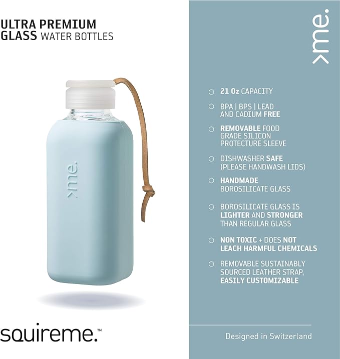 Y1 Borosilicate Glass Water Bottles, Clear Bottle, Reusable, BPA Free, Tumbler, Dishwasher Safe, Drink Container, Silicone Sleeve, Easy-Off Lid, Hot and Cold Liquid, Surf Blue 20oz