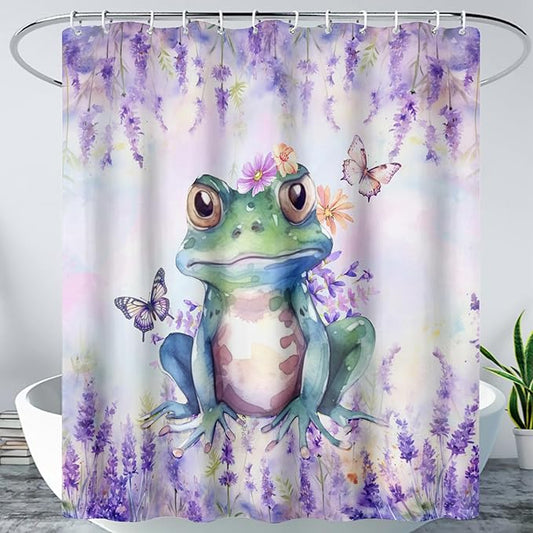 AILONEN Frog Shower Curtain, Tie Dye Lavender Flower Bath Curtain,Tie Dye Frog Bathroom Curtain Decor,Cute Frog Polyester Waterproof 72" W*84" H Shower Curtain (12 Hooks)