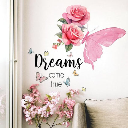 Pink Butterfly and Rose Wall Decal - "Dreams Come True" Design - 85x64cm Decorative Sticker