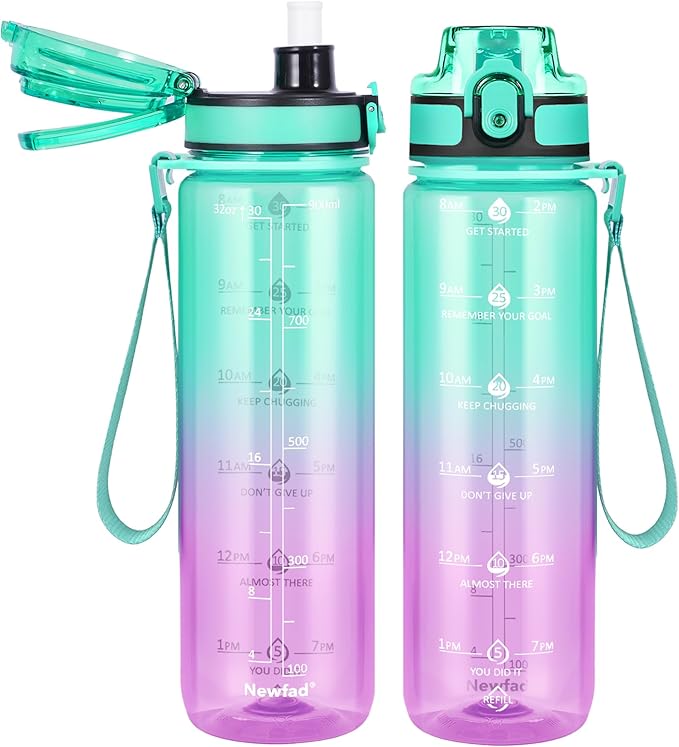32 oz Water Bottle with Detachable Straw, Clear Motivational Water Bottles with Time to Drink, Tritan & BPA Free Sports Water Jug with Time Marker, Upgraded handle design