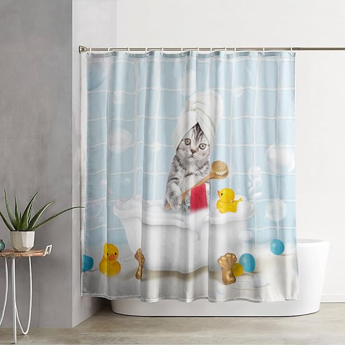 AILONEN 3D Bathtub Cat Shower Curtain for Kids 60" W*72" H Kawaii Shower Cat Shower Curtain,Polyester Waterproof Fabric Decor for Bathroom Bathtub Panels