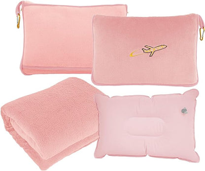 3 in 1 Travel Pillow and Blanket Set, Premium Soft 300 GSM Thick Airplane Blanket Compact with Bag for Long Trips Essentials, Hand Luggage Sleeve and Backpack Clip (Pink)