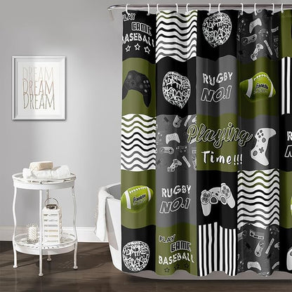 AILONEN Gamer Shower Curtain,Olive Green Ball Sports Waterproof Fabric Shower Curtain for Boys Kids Teens, 60" W*72" H Gaming Gamer Theme Shower Curtain Sets