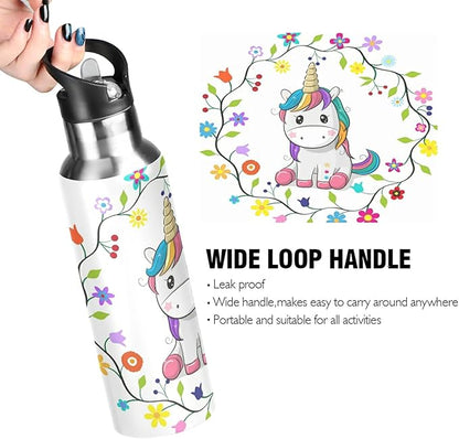 xigua Cute Cartoon Unicorn Water Bottle, BPA Free Stainless Steel Water Bottle Leak-Proof Sports Bottle for Camping Workouts Gym and Outdoor Activity, 22oz