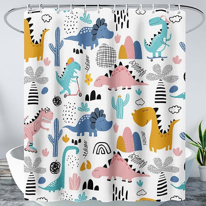 AILONEN Dinosaur Shower Curtain for Kids Boys,Cartoon Dinosaur Bath Curtain 72" W*96" H,Cactus Rainbow Dinosaur Waterproof Shower Curtain with 12 Plastic Hooks