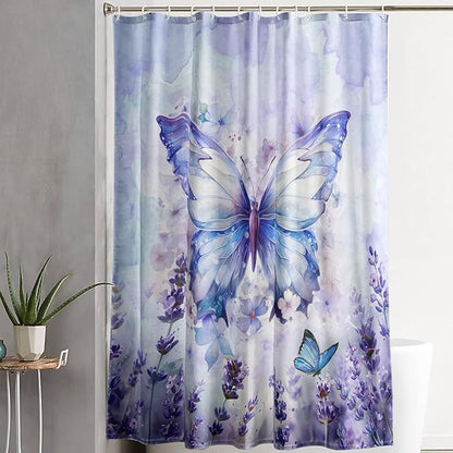 AILONEN Beautiful Butterfly Shower Curtain,Purple Butterfly Bath Curtain for Bathroom for Girls,Lavender Flower Shower Curtain,Watercolor Tie Dye Shower Curtain Set with Hooks,60" W*72" H