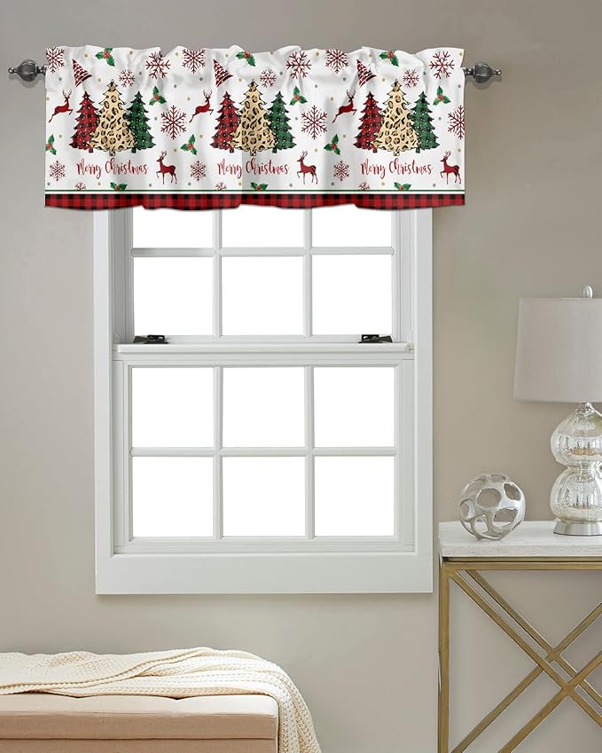 Merry Christmas Kitchen Curtains Valances for Windows Farm Christmas Tree Buffalo Plaid Leopard Rod Pocket Window Treatment for Kitchen/Living Room/Bedroom/Bathroom,60" X 18" -1 Panel, Holiday Decor