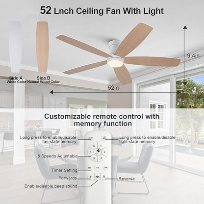 52 inch Ceiling Fans with Lights and Remote,Flush Mount White Ceiling Fan,Memory Fuction Reversible Quiet DC Motor Low Profile Ceiling Fans For Living Room Bedroom Outdoor(White&Natural Wood)