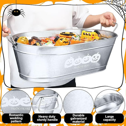 2 Pcs Halloween Pumpkin 5.5 Gallons Galvanized Beverage Stainless Steel Ice Buckets Tubs with Handles, Large Drink Wine Cooler Bins for Parties Farmhouse Garden Bar Christmas(Trick or Treat)