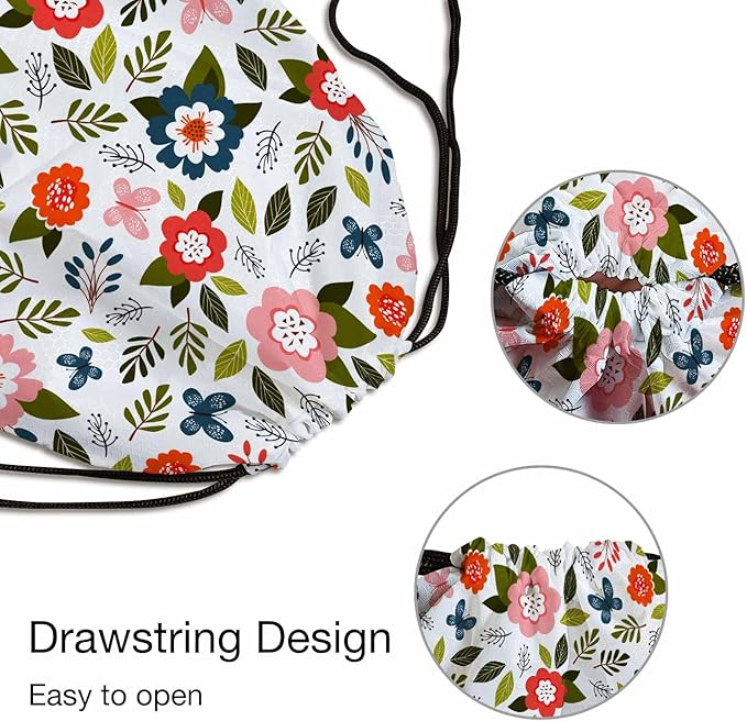 Drawstring Bag Sports Backpack Flowers Pattern Pink Butterflies Green Leaves Sutiable for Dance Sports Beach Short Travel Stroage 14x16.9 Inch