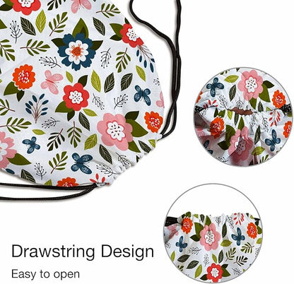 Drawstring Bag Sports Backpack Flowers Pattern Pink Butterflies Green Leaves Sutiable for Dance Sports Beach Short Travel Stroage 14x16.9 Inch