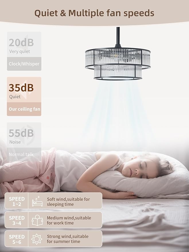 20" Black Crystal fandelier Ceiling Fan with Lights,Black Caged Chandelier Ceiling Fan with Light Remote Control,Enclosed Mid Century with 6 Speeds for Bedroom,Living Room,Nursery