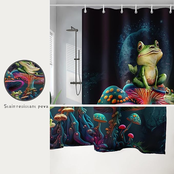 AILONEN Frog Mushroom Shower Curtain Cartoon Animal Wildlife Frog Mystic Black Sky Red Mushroom Minimalist Modern Art Shower Curtain Bathroom Decor Curtains with 12 Hooks,Green 36" W*72" H