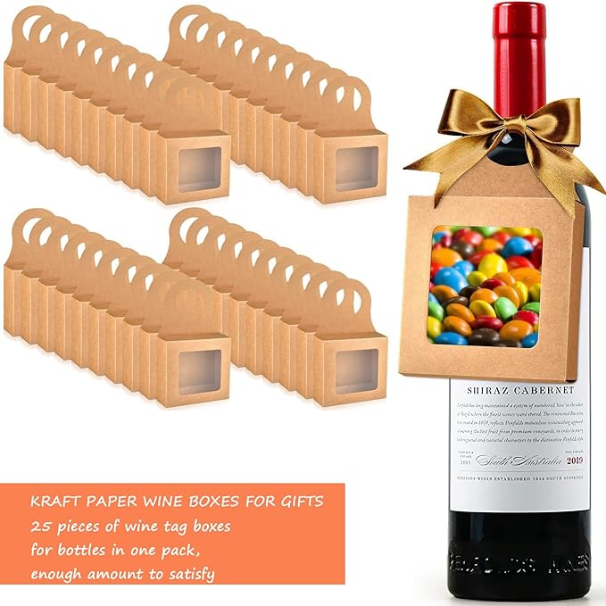 25pcs Kraft Paper Wine Bottle Box Wine Bottle Hanging Paper Box Hanging Foldable Wine Gift Boxes Hanging Bottle Gift Decoration for Holding Candy Truffles Chocolate Cookies