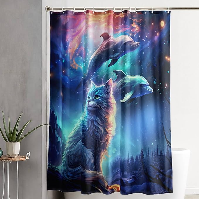 AILONEN 3D Kawaii Cat Shower Curtain Set,Cat Lovers Animal Waterproof Fabric Bath Curtain for Kids Girls,Jumping Dolphin Shower Curtain,Starry Night Shower Curtains for Bathroom Decor, 36" W*72" H
