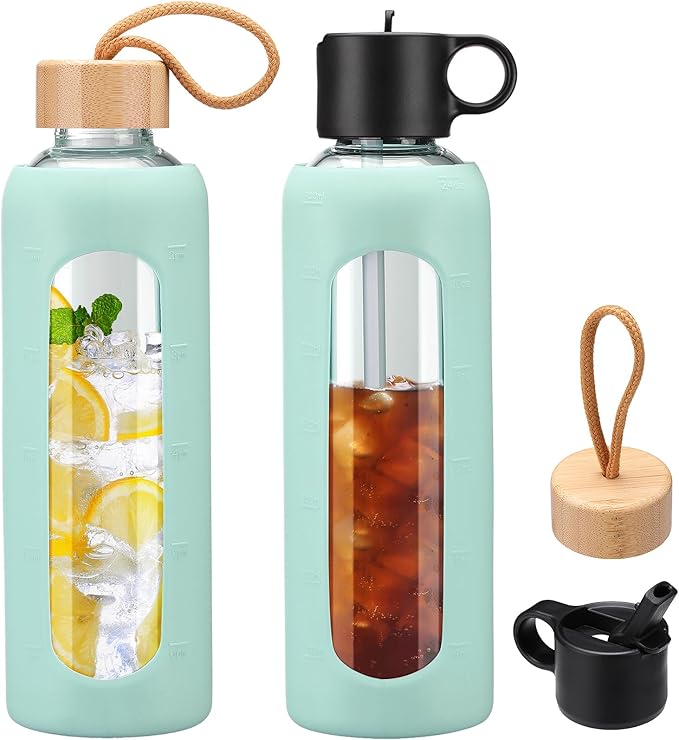 24oz Glass Water Bottle With 2 Lids-Flip Straw Lid, Bamboo Lid, Glass Water Bottle With Silicone Sleeve, Motivational Time Marker, Glass Juice Bottle for Cold Drink,Light Blue