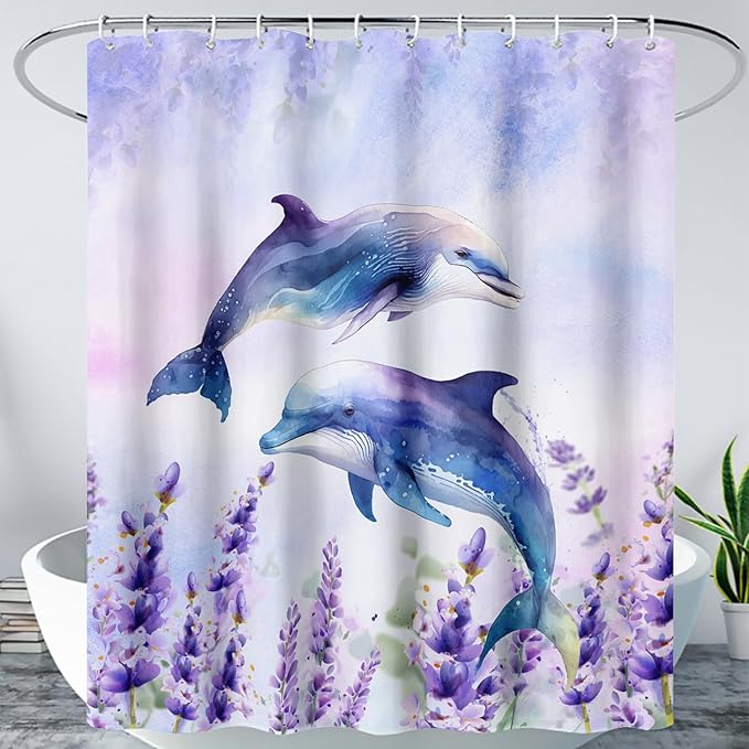 AILONEN Watercolor Dolphin Shower Curtain, Cute Dolphin Lavender Flower Bath Curtain,Modern Minimalist Purple Waterproof Fabric Shower Curtain Set with Hooks 72" W*72" H