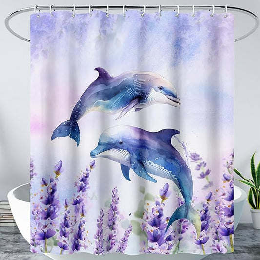 AILONEN Watercolor Dolphin Shower Curtain, Cute Dolphin Lavender Flower Bath Curtain,Modern Minimalist Purple Waterproof Fabric Shower Curtain Set with Hooks 72" W*72" H