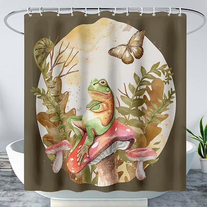 AILONEN Green Frog Mushroom Shower Curtain,Red Mushroom Waterproof Fabric Bath Curtain for Kids Girls Boys,Boho Aesthetic Minimalist Shower Curtain Set for Bathroom with Hooks,36" W*72" H