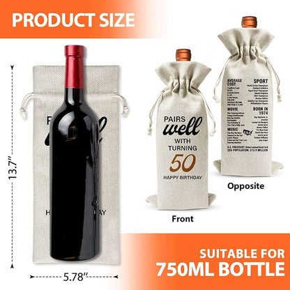 50th Birthday Wine Gift Bag For Best Friend Mom Dad Women Men, 1974 Birthday Idea Gift, 50th Anniversary Wine Bag, 50th Birthday Party Decor, Drawstring Burlap Wine Bottle Bag