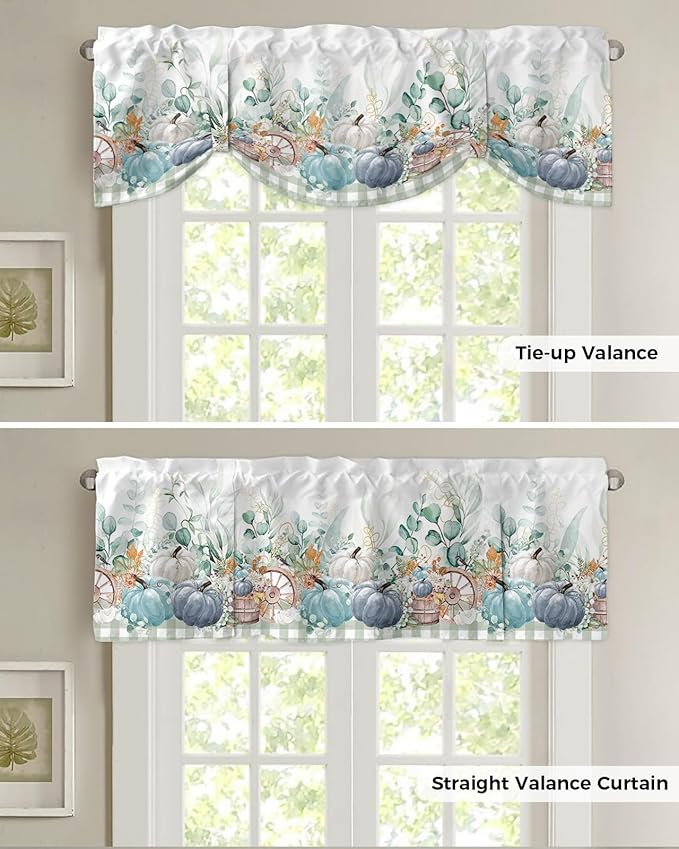 Fall Thanksgiving Blackout Tie Up Valance Curtains for Kitchen Windows Navy Blue Pumpkins Green Eucalyptus Leaves Window Toppers Balloon Shades for Living Room/Bathroom/Bedroom,42" X 18",Sage Plaid