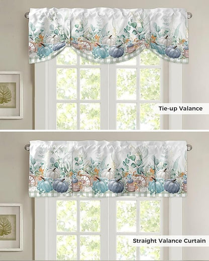 Fall Thanksgiving Blackout Tie Up Valance Curtains for Kitchen Windows Navy Blue Pumpkins Green Eucalyptus Leaves Window Toppers Balloon Shades for Living Room/Bathroom/Bedroom,54" X 18",Sage Plaid
