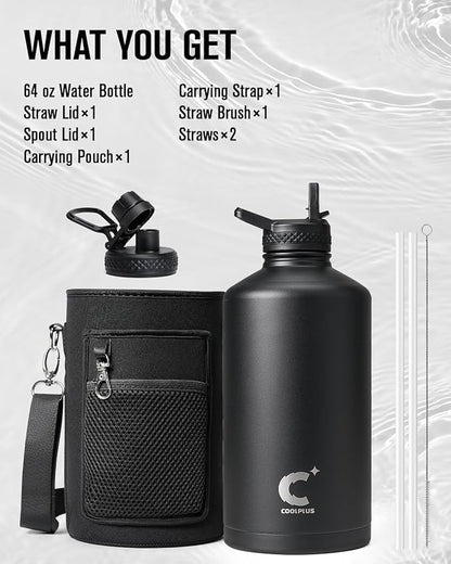 Coolplus Gallon Water bottle insulated with straw, Water Jug 128 oz Stainless Steel Double-Walled Vacuum Metal Large Flask With Carry Sleeve for Sports Gym Ourdoor, Keep Cold 48 Hrs, Black