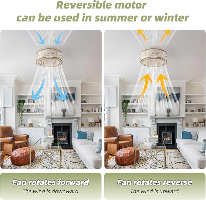 20 Inch Gold Crystal Ceiling Fan with Light, Caged Crystal Ceiling Fan with Light Remote Control, Flush Mount with 6 Speeds for Bedroom, Nursery, Living Room (6 E12 Bulb Includ) (Gold)