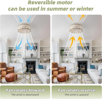 20 Inch Gold Crystal Ceiling Fan with Light, Caged Crystal Ceiling Fan with Light Remote Control, Flush Mount with 6 Speeds for Bedroom, Nursery, Living Room (6 E12 Bulb Includ) (Gold)